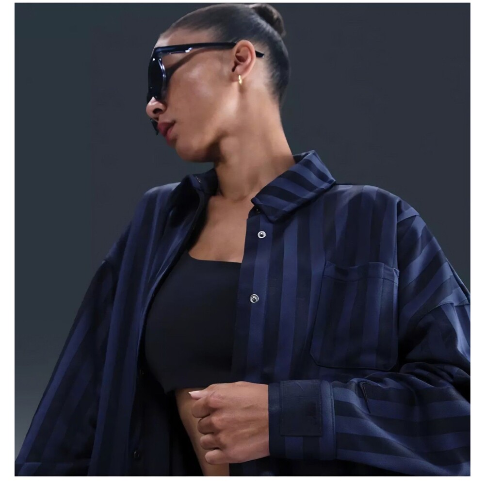NWTs Nike Sportswear Oversized Jacquard Striped Button-Down Shirt XL Navy Blue